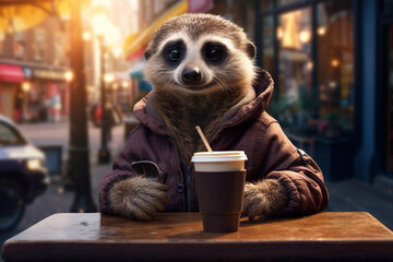 Anthropomorphic meerkat drinking coffe - obrazy, fototapety, plakaty