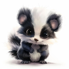 Endearing Skunk Illustration: Fluffy Black and White Fur, Bright-Eyed, Curious Posture