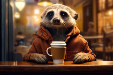 Anthropomorphic meerkat drinking coffe