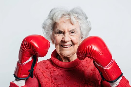 Elderly senior woman wearing red boxing gloves, confident smiling expression ready for fight