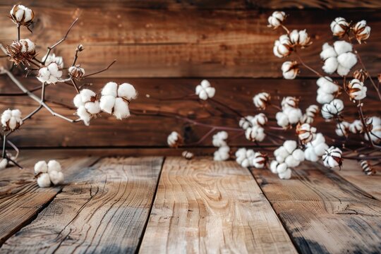 Empty rustic old wooden boards table copy space with cotton plants and white flowers in background