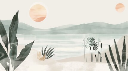 peaceful tropical beach scene with layered hills, lush plants, and a calm sea under a pastel sky
