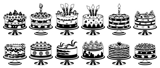 Set of black and white cake icons isolated on white background. Vector.