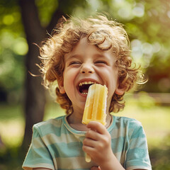 Boy child eating a popsicle laughing on a sunny hot summers day