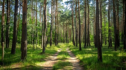 Obraz premium Beautiful quiet pine tree forest on a sunny summer day
