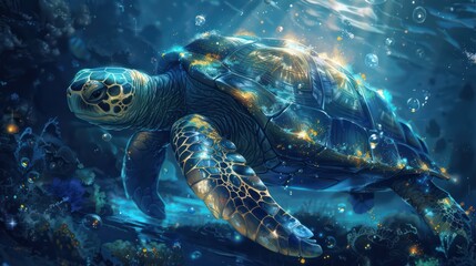 Obraz premium A digitally created image showcasing a sea turtle illuminated with golden light, swimming amongst bubbles and aquatic flora in the deep blue ocean
