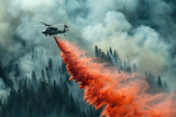 Firefighter helicopter flying over red and orange burn forest wildfire drop water