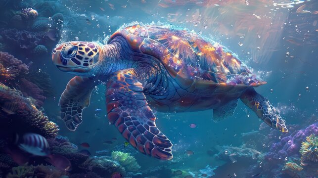 A vibrant and detailed image of a sea turtle swimming above a coral reef with a mystical, cosmic overlay on its shell