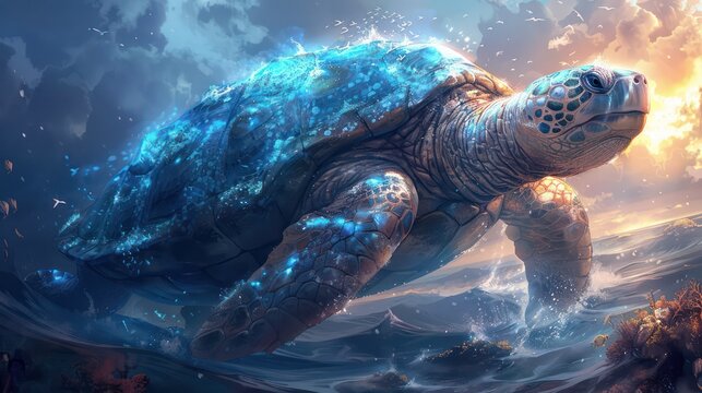 A surreal image capturing the grace of a sea turtle swimming in the ocean with a vivid, fantasy-like art style, producing an ethereal atmosphere