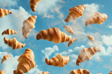 Flying croissants on sky background