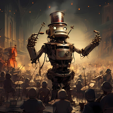 Steampunk-inspired robot conducting an orchestra. 