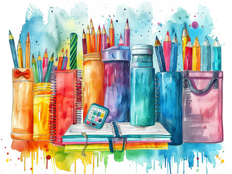 A vector illustration of a colorful array of watercolor-painted stationery items including pencils rulers