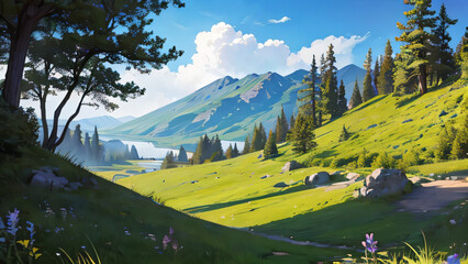 alpine meadow in summer - obrazy, fototapety, plakaty