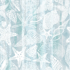 Abstract seamless pattern on the marine theme with starfish and seashells on blue watercolor background. Vector. Perfect for design templates, wallpaper, wrapping,print,  fabric and textile.