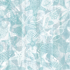 Seamless pattern on the marine theme with starfish and seashells on blue watercolor background. Vector. Perfect for design templates, wallpaper, wrapping,print,  fabric and textile.