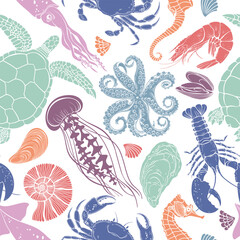  Seamless vector pattern with sea creatures on white background. Perfect for wallpaper, wrapping, fabric and textile, menu decoration, invitation, card, tile, print.