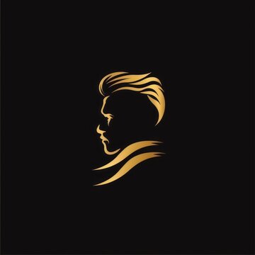 A minimalist design featuring a golden stylized representation of hair and a face silhouette against a black background, conveying a sense of elegance