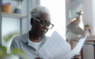 An elderly pretty African-American woman with glasses is looking through documents, business papers. Home office, budget planning, investments, tax control.