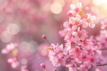 Pink Sakura Flowers With Copy Space and Bokeh Background