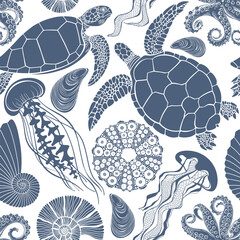 Sea creatures. Seamless pattern on the marine theme with turtles, jellyfish, underwater plants,octopus, sea ​​urchin, seashells on white. Hand drawn vector illustration.