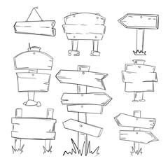 Hand drawn set illustration of doodle wood road signs and arrows