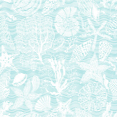 Sea creatures on waves background. Abstract seamless pattern. Monochrome.  Hand drawn  vector illustration. Perfect for design templates, wallpaper, wrapping, fabric,  print and textile.