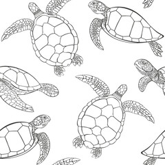 Turtles on white. Seamless pattern on the marine theme. Hand drawn vector illustration. Perfect for design templates, wallpaper, wrapping, fabric, print and textile. Black and white. - obrazy, fototapety, plakaty