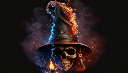 Dark wizard hat and skull Generate AI - obrazy, fototapety, plakaty