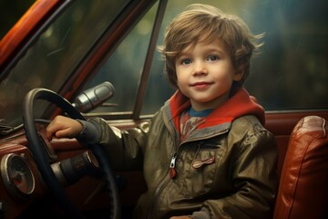 Speedy Small boy riding car speed. Big automobile. Generate Ai