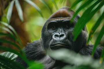 Gorilla in the rainforest. Wildlife scene from nature