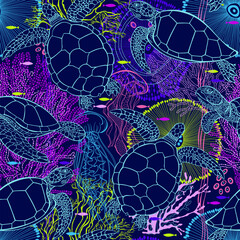 Sea. Abstract seamless pattern with turtles, underwater plants, fish and jellyfish. Hand drawn bright vector illustration. Perfect for design templates, wallpaper, wrapping, fabric,  print
