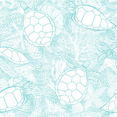 Turtles and sea creatures on waves background.   Art sea seamless pattern.  Perfect for wallpaper, wrapping, fabric, print and textile. Hand drawn vector illustration.