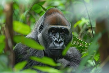 Obraz premium Gorilla in the rainforest. Wildlife scene from nature