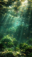Fototapeta na wymiar Sunbeams piercing through the water create an enchanting underwater scene, illuminating the swaying fronds of a lush kelp forest.