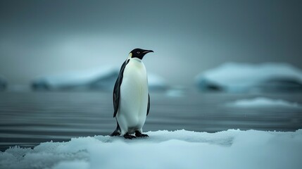 A lone Emperor penguin stands on a snow drift against the subtle hues of twilight in the serene Antarctic landscape.