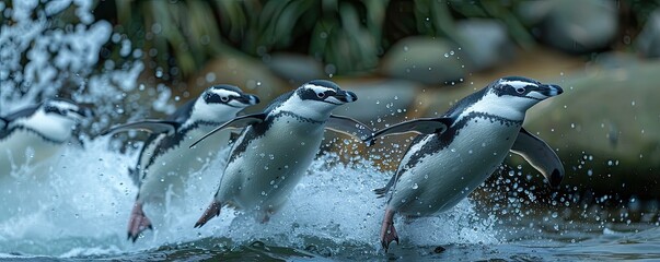 In the Antarctic, a dynamic group of Gentoo penguins bursts through the chilly waters, with water droplets frozen in motion around them.