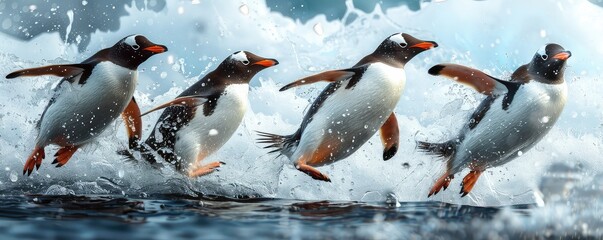 Fototapeta premium A dynamic group of Gentoo penguins bursting through the chilly waters, with water droplets frozen in motion around them, in the Antarctic.
