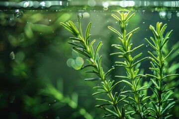 Green rosemary sprig under water with green light, with space for text