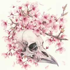 Photo sur Plexiglas Crâne aquarelle A watercolor depiction of a bird skull amidst a bed of cherry blossoms representing the fleeting beauty of life