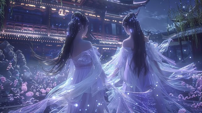 two traditional Chinese children wear transparent bioluminecent bg and purple dresses