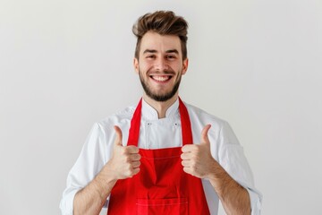 happy male waiter in red apron showing thumbs up over white background