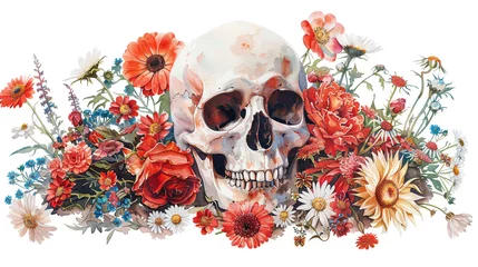 Papier Peint Lavable Crâne aquarelle A watercolor illustration of a human skull adorned with vibrant roses and daisies symbolizing the contrast between life and death