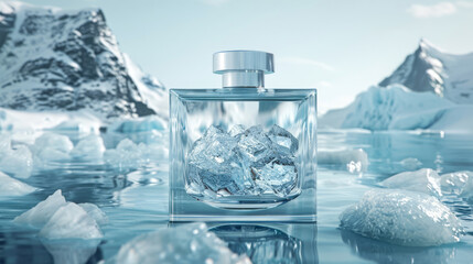 Exclusive fragrance container, icy Nordic fjords, crystal waters and cliffs, minimalist