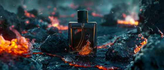 High-end perfume, fiery volcanic essence, molten lava and black rock, photorealistic - obrazy, fototapety, plakaty
