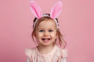 Obraz na płótnie Canvas happy smiling young toddler girl with cute bunny rabbit ears on studio pink background