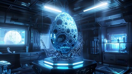 Futuristic Laboratory Experiment Glowing SurrealismInspired Scifi Fantasy Easter Egg Orb Floating Above Levitating Magnetic Base generative ai