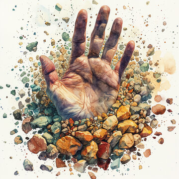 A watercolor illustration of a hand surrounded by a halo of earthy elements like rocks sand