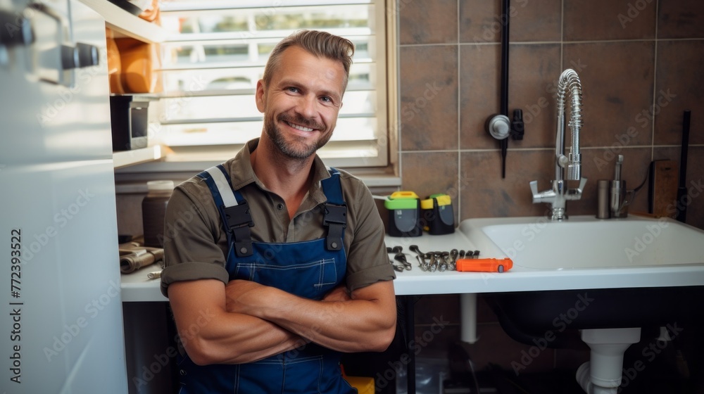 Poster a man in a blue jumpsuit is sitting in front of a sink