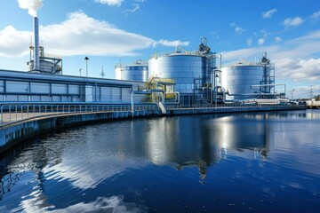 Hydrogen production plant, large metal storage tanks near lake or river. Clean H2 production by water electrolysis