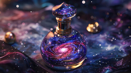 Luxurious perfume bottle, essence of a starlit galaxy, swirling cosmic dust design, photorealistic